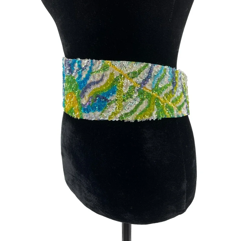Vintage La Mendola Royal Bird Hand Beaded Blue White Pure Silk Chiffon Belt